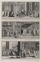 KG 11834
<br/>
Catholiques: L'ADORATION du PAPE dans la CHAPELLE. (...) Les CLEFS presentée au PAPE sous le vestibule de St.Jean de Latran.
<br/>
<em>Picart, Bernard (1673-1733)</em>